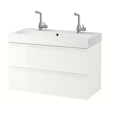 Шкаф для раковины с 2 ящиками ГОДМОРГОН / БРОВИКЕН, глянцевый белый (100x48x68 см)