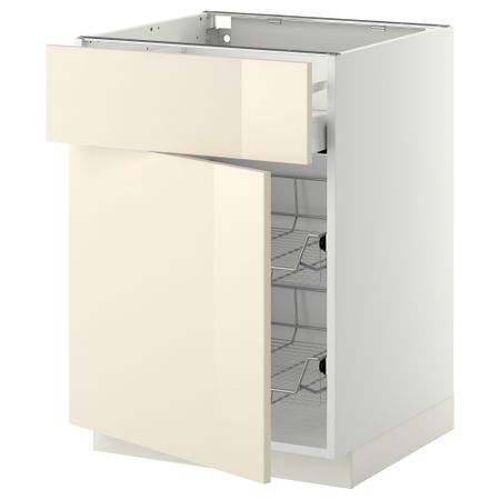 Напольный шкаф с проволочной корзиной, ящиком, дверью МЕТОД / МАКСИМЕРА, белый, Рингульт кремовый