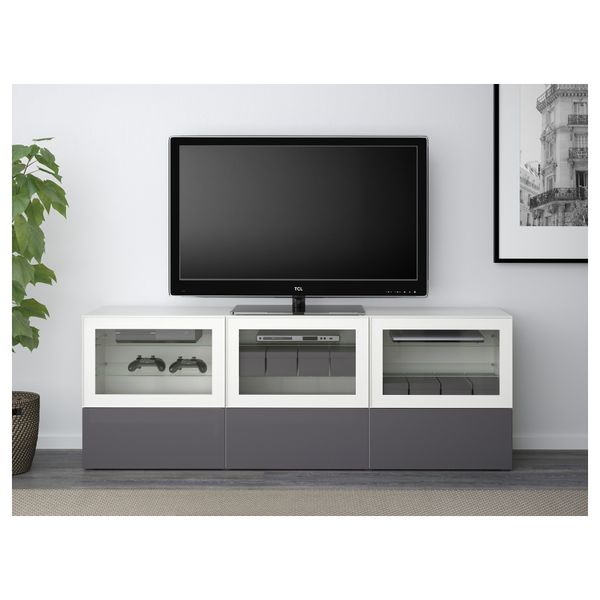 Тумба под ТВ, с дверцами и ящиками БЕСТО, белый, Сельсвикен глянцевый/серый прозрачное стекло (180x40x64 см) - фото 2