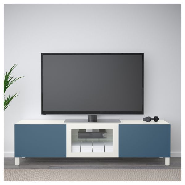 Тумба под ТВ с ящиками и дверцей БЕСТО, белый Вальвикен, темно-синий прозрачное стекло (180x40x48 см) - фото 2