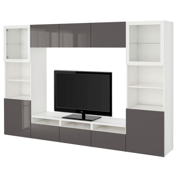 Шкаф для ТВ, комбинированный, стекляные дверцы БЕСТО, белый, Сельсвикен глянцевый/серый прозрачное стекло (300x40x192 см) - фото 1