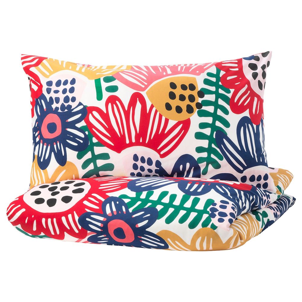 Пододеяльник и 1 наволочка, белый, разноцветный 150x200/50x70 см IKEA СОММАРАСТЕР 904.233.16 - фото 1