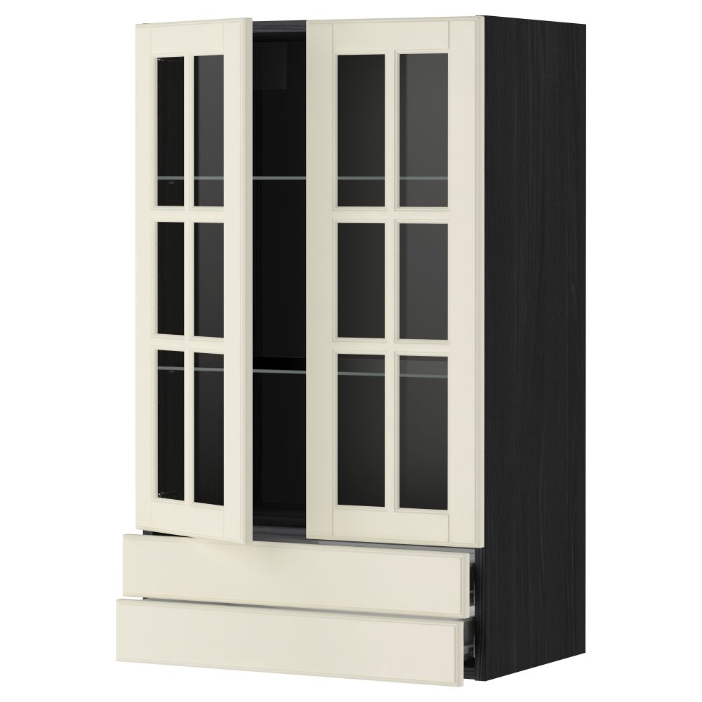 Навесной шкаф, 2 стеклянные дверцы, 2 ящика МЕТОД / ФОРВАРА, черный, Будбин белый с оттенком - фото 1