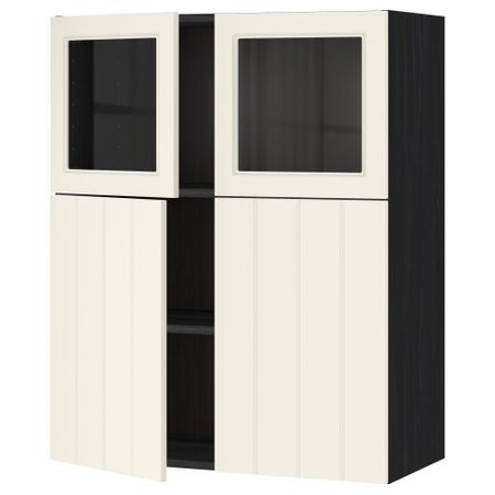 Навесной шкаф, полки, 2 двери, 2 стеклянные дверцы МЕТОД, черный, Хитарп белый с оттенком (80x100 см)