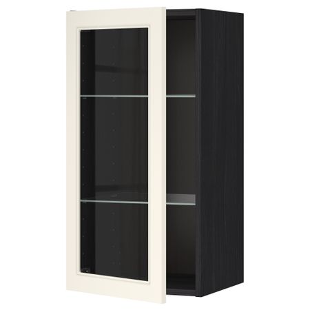 Навесной шкаф с полками, стекляными дверцы МЕТОД, черный, Хитарп белый с оттенком