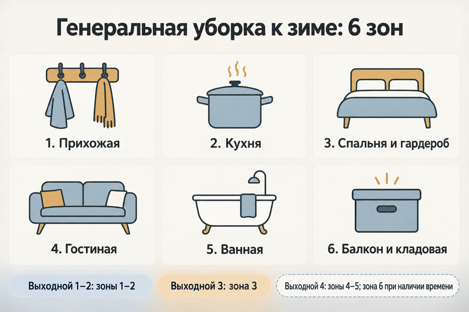 Чек-лист генеральной уборки к зиме: 6 зон квартиры и план на 4 выходных