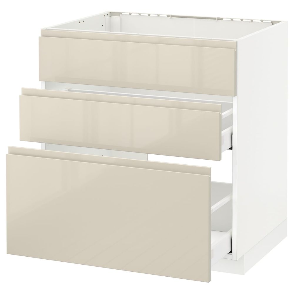 Напольный шкаф под мойку + 3 фронтальных панели/2ящ, белый/Воксторп глянцевый светло-бежевый 80x60 см IKEA METOD МЕТОД / - фото 1