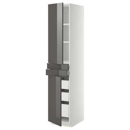 Высокий шкаф + полки, 5 ящиков, 2 дверцы, 2 фронтальных МЕТОД / МАКСИМЕРА, белый, Рингульт серый