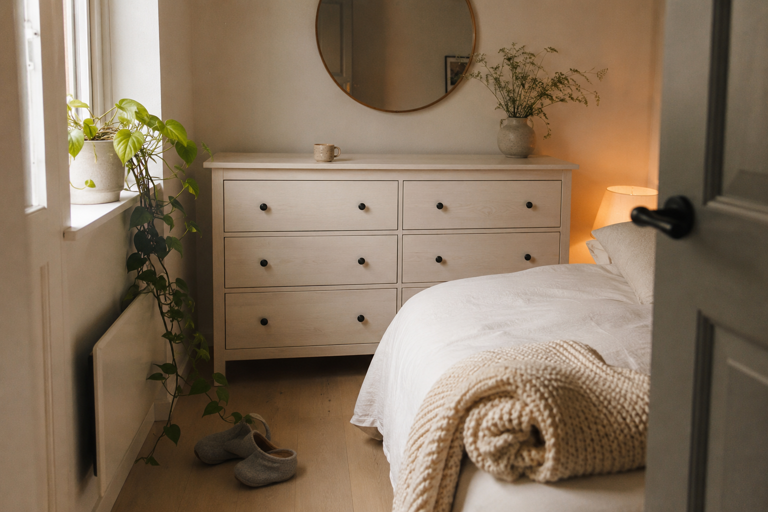 Комод HEMNES из массива сосны в скандинавской спальне с видимой текстурой дерева через белую морилку