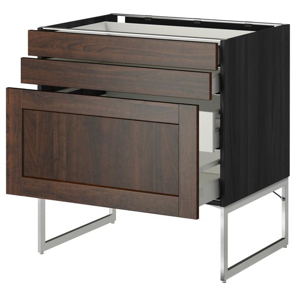 Напольный шкаф 3 фронтальных панели, 2 нижних, 2 средних ящика МЕТОД / МАКСИМЕРА, черный, Эдсерум коричневый - схема-чертеж с размерами