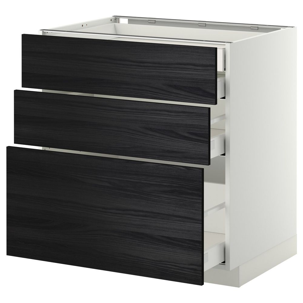 Напольный шкаф 3 фронтальные панели, 2 низких, 1 средний, 1 встроенный ящ, белый, Тингсрид черный 80x60 см IKEA МЕТОД / - фото 1