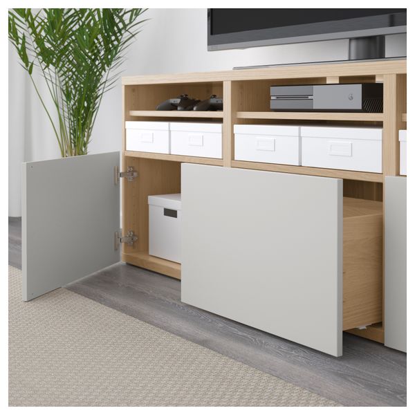 Шкаф для ТВ, комбинированный, стекляные дверцы БЕСТО, под беленый дуб Синдвик, Лаппвикен светло-серый прозрачное стекло - фото 3