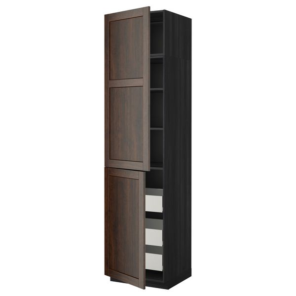 Высокий шкаф + полки, 3 ящика, 2 дверцы МЕТОД / ФОРВАРА, черный, Эдсерум коричневый - фото 1