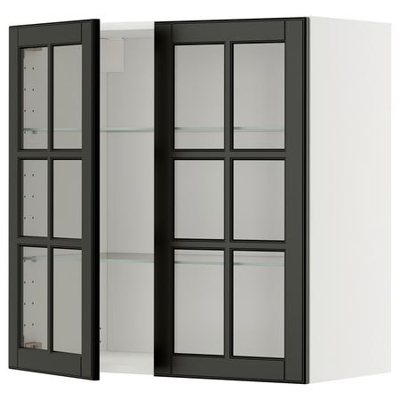 METOD Навесной шкаф/полки/2стеклян двери - белый/Bodbyn чёрный 80x80 см
