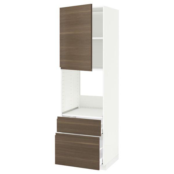 Высокий шкаф для духовки + дверца, 2 фронтальные панели, 1 средняя, 1 встроенный ящ, белый/Воксторп грецкий орех 60x60x200 см - фото 1