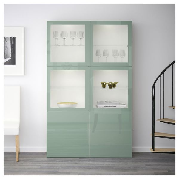 Комбинация для хранения со стеклянными дверцами БЕСТО, белый Сельсвикен, глянцевый/серо-зеленый светлый прозрачное стекло - фото 2