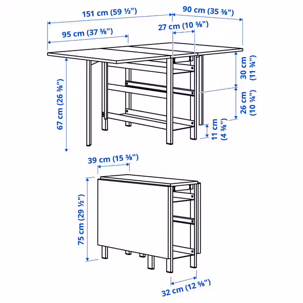 VIHALS Стол складной - белый 39/95/151x90 см - схема-чертеж с размерами