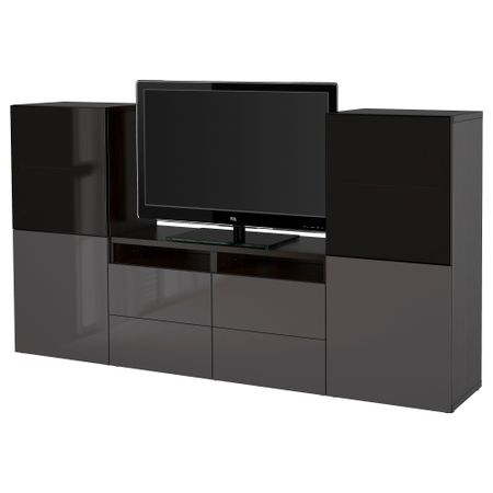 Шкаф для ТВ, комбинированный, стекляные дверцы БЕСТО, черно-коричневый, Сельсвикен глянцевый/серый дымчатое стекло (240x40x128