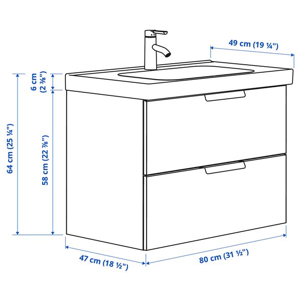 Шкаф для раковины с 2 ящиками, 83x49x64 см, белый, ДАЛЬШЕР смеситель IKEA ODENSVIK ОДЕНСВИК, GODMORGON ГОДМОРГОН 892.929.10 - схема-чертеж с размерами