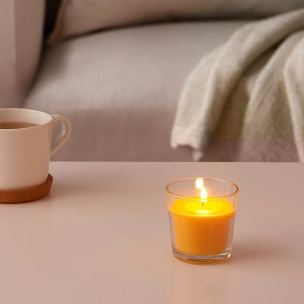 Ароматическая свеча в стакане, Манго/желтый 7.5 см IKEA SINNLIG СИНЛИГ 904.938.80 - схема-чертеж с размерами