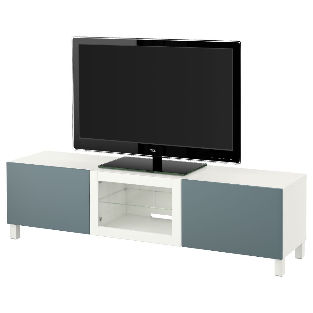 Тумба под ТВ с ящиками и дверцей БЕСТО, белый, Вальвикен серо-бирюзовый, прозрачное стекло (180x40x48 см) - фото 1