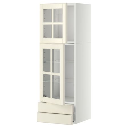 Навесной шкаф, 2 стеклянные дверцы, 2 ящика МЕТОД / МАКСИМЕРА, белый, Будбин белый с оттенком