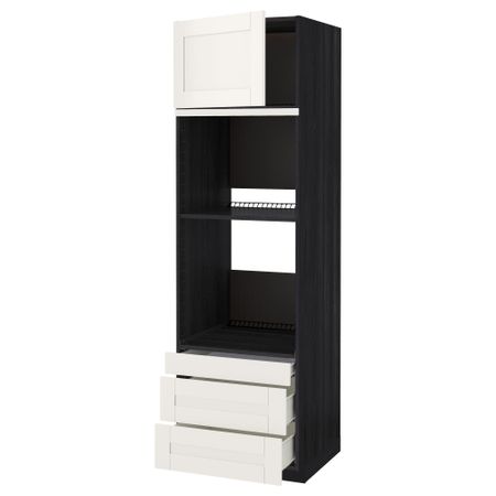 Высокий шкаф для духовки комбинированный, духовка + дверца, 3 ящика МЕТОД / ФОРВАРА, черный, Сэведаль белый (60x60x200 см)