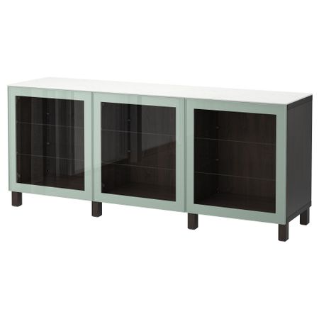 Комбинация для хранения с дверцами БЕСТО, черно-коричневый Глассвик, глянцевый/серо-зеленый светлый прозрачное стекло (180x42x74