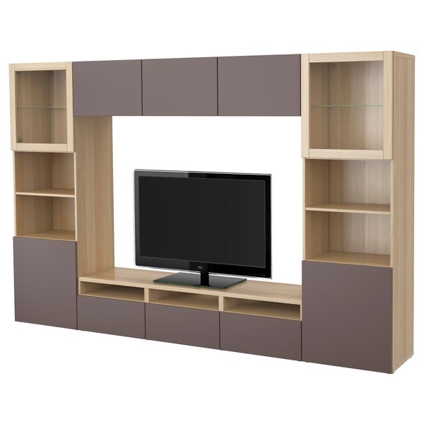 Шкаф для ТВ, комбинированный, стекляные дверцы БЕСТО, под беленый дуб, Вальвикен темно-коричневый, прозрачное стекло (300x40x192 - фото 1