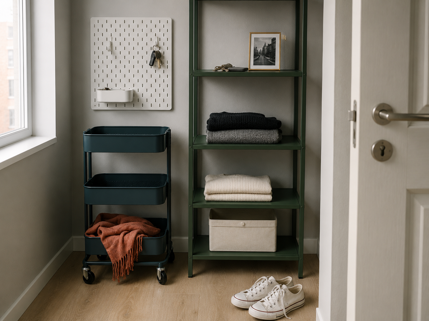 Три системы хранения IKEA без сверления в прихожей арендованной квартиры: SKÅDIS, RÅSKOG и BAGGEBO