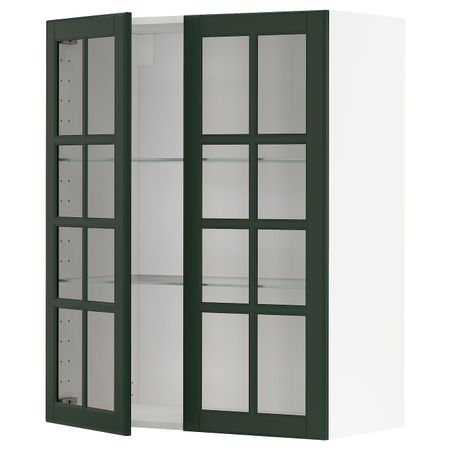 Навесной шкаф с полками, 2 стекло дв, белый/Будбин темно-зеленый 80x100 см IKEA METOD МЕТОД 293.122.80