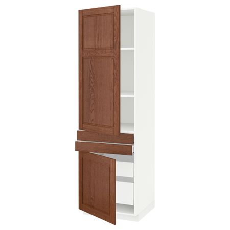Высокий шкаф + полки, 4 ящик, 2 двери, 2 фронтальные МЕТОД / МАКСИМЕРА, белый, Филипстад коричневый (60x60x200 см)