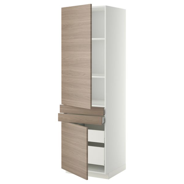 Высокий шкаф + полки, 4 ящик, 2 двери, 2 фронтальные МЕТОД / МАКСИМЕРА, белый, Брокхульт светло-серый (60x60x200 см) - фото 1