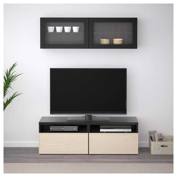 Шкаф для ТВ, комбинированный, стекляные дверцы БЕСТО, черно-коричневый, Инвикен ясеневый шпон (120x20/40x166 см) - фото 2