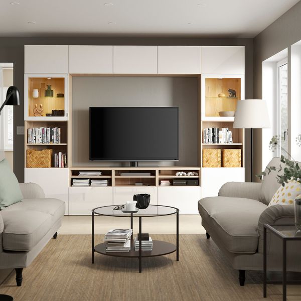 Шкаф для ТВ, комбинированный, стекляные дверцы, под беленый дуб/Сельсвикен глянцевый, белый прозрачное стекло 300x42x231 см IKEA - фото 3