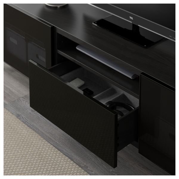 Тумба под ТВ БЕСТО, черно-коричневый, Сельсвикен глянцевый/черный дымчатое стекло (180x40x48 см) - фото 3