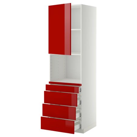 Высокий шкаф для комбинированния СВЧ, 4 ящика МЕТОД / МАКСИМЕРА, белый, Рингульт красный