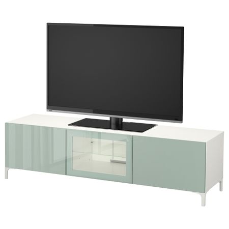 Тумба под ТВ с ящиками и дверцей БЕСТО, белый Сельсвикен, глянцевый/серо-зеленый светлый прозрачное стекло (180x40x48 см)