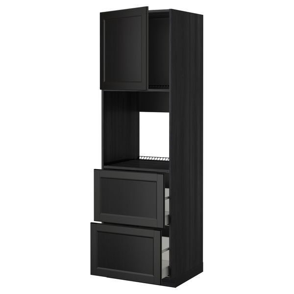 Высокий шкаф для духовки + дверца, 2 форнтальных, 2 высоких ящик МЕТОД / МАКСИМЕРА, черный, Лаксарби черно-коричневый - фото 1