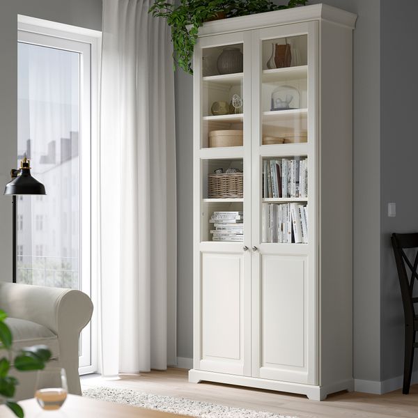 Шкаф книжный со стеклянными дверьми, 96x214 см, белый IKEA LIATORP ЛИАТОРП 190.287.54 - схема-чертеж с размерами