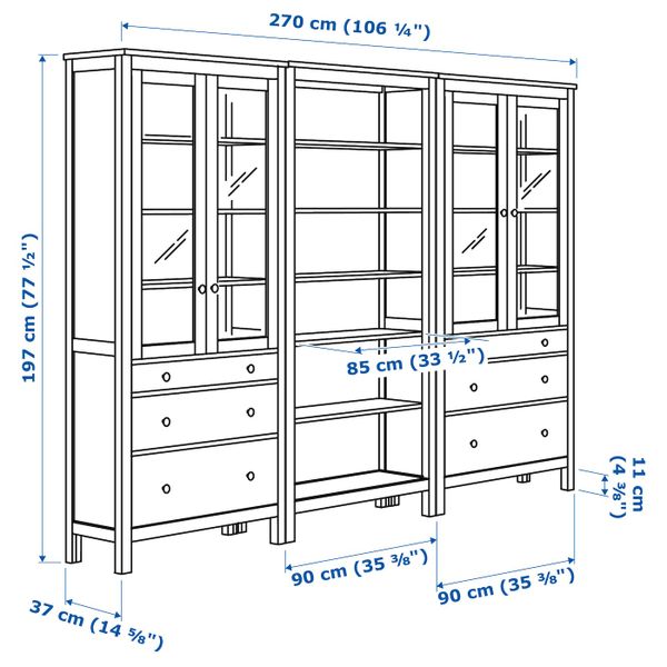 Комбинация для хранения с дверцами/ящ, белая морилка 270x197 см IKEA HEMNES ХЕМНЭС 992.338.02 - схема-чертеж с размерами