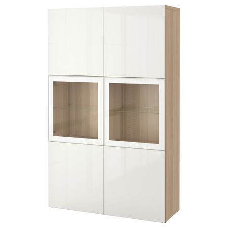 Комбинация для хранения со стеклянными дверцами БЕСТО, под беленый дуб, Сельсвикен глянцевый/белый прозрачное стекло (120x40x192