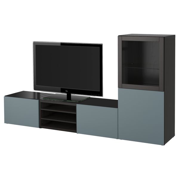 Шкаф для ТВ, комбинированный, стекляные дверцы БЕСТО, черно-коричневый, Вальвикен серо-бирюзовый, прозрачное стекло (240x40x128 - фото 1