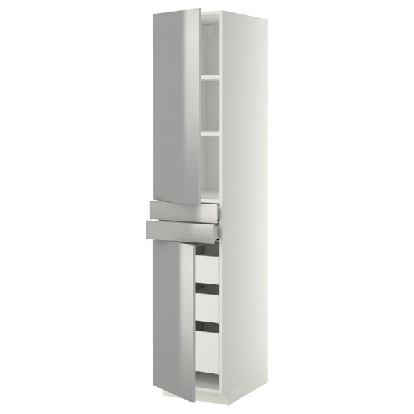 Высокий шкаф + полки, 5 ящиков, 2 дверцы, 2 фронтальных МЕТОД / МАКСИМЕРА, белый, Гревста нержавеющ сталь - фото 1