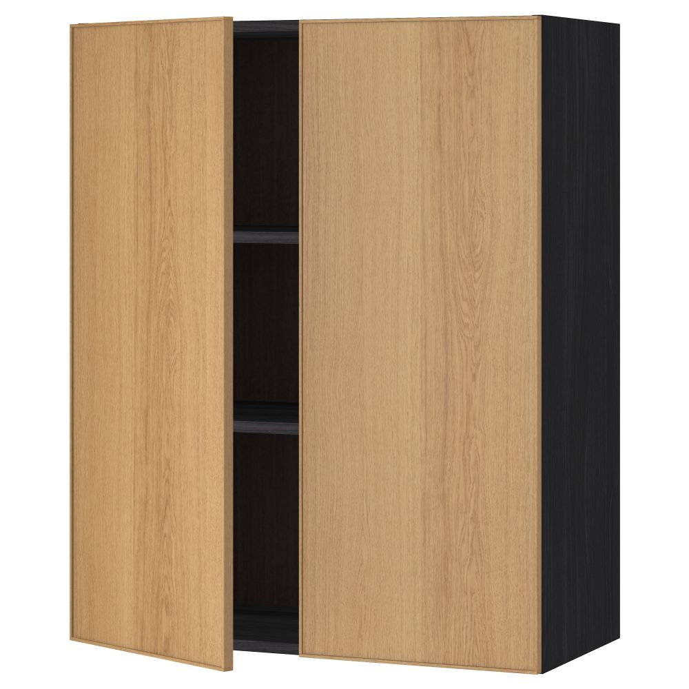Навесной шкаф с полками, 2 дверцы МЕТОД, черный, Экестад дуб - схема-чертеж с размерами