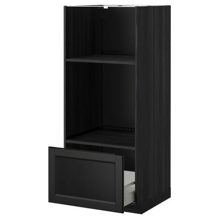 Высокий шкаф с ящиком для духовки/СВЧ МЕТОД / МАКСИМЕРА, черный, Лаксарби черно-коричневый (60x60x140 см)
