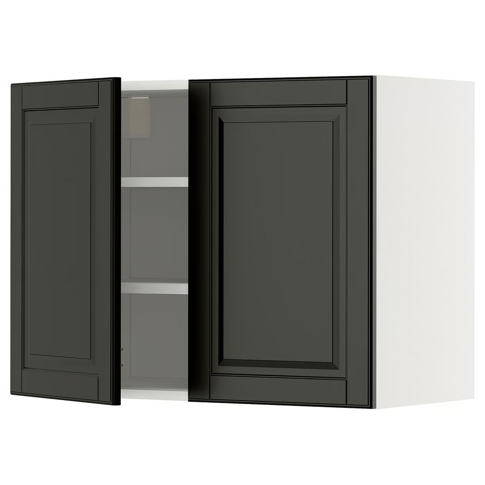 METOD Навесной шкаф с полками/2дверцы - белый/Bodbyn чёрный 80x60 см - фото 1