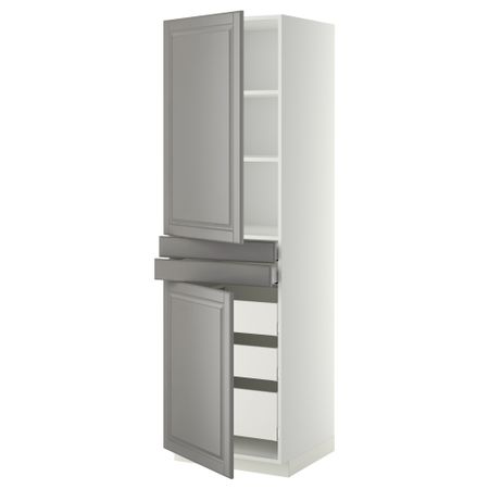 Высокий шкаф + полки, 5 ящиков, 2 дверцы, 2 фронтальных МЕТОД / МАКСИМЕРА, белый, Будбин серый