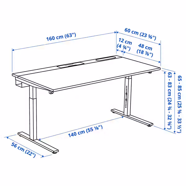 MITTZON МИТТЗОН Письменный стол - березовый шпон/белый 160x60 см - схема-чертеж с размерами
