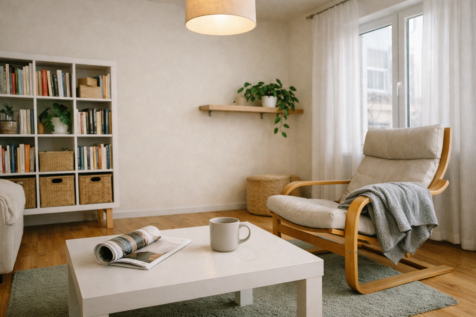 Современная гостиная в скандинавском стиле с минималистичной мебелью IKEA: кресло POÄNG, журнальный столик LACK и стеллаж KALLAX у окна